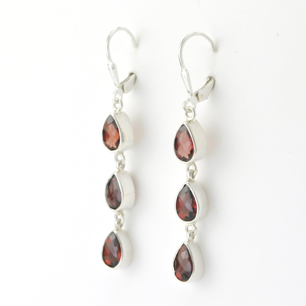 Silver Garnet 3 Teardrop Dangle Earrings