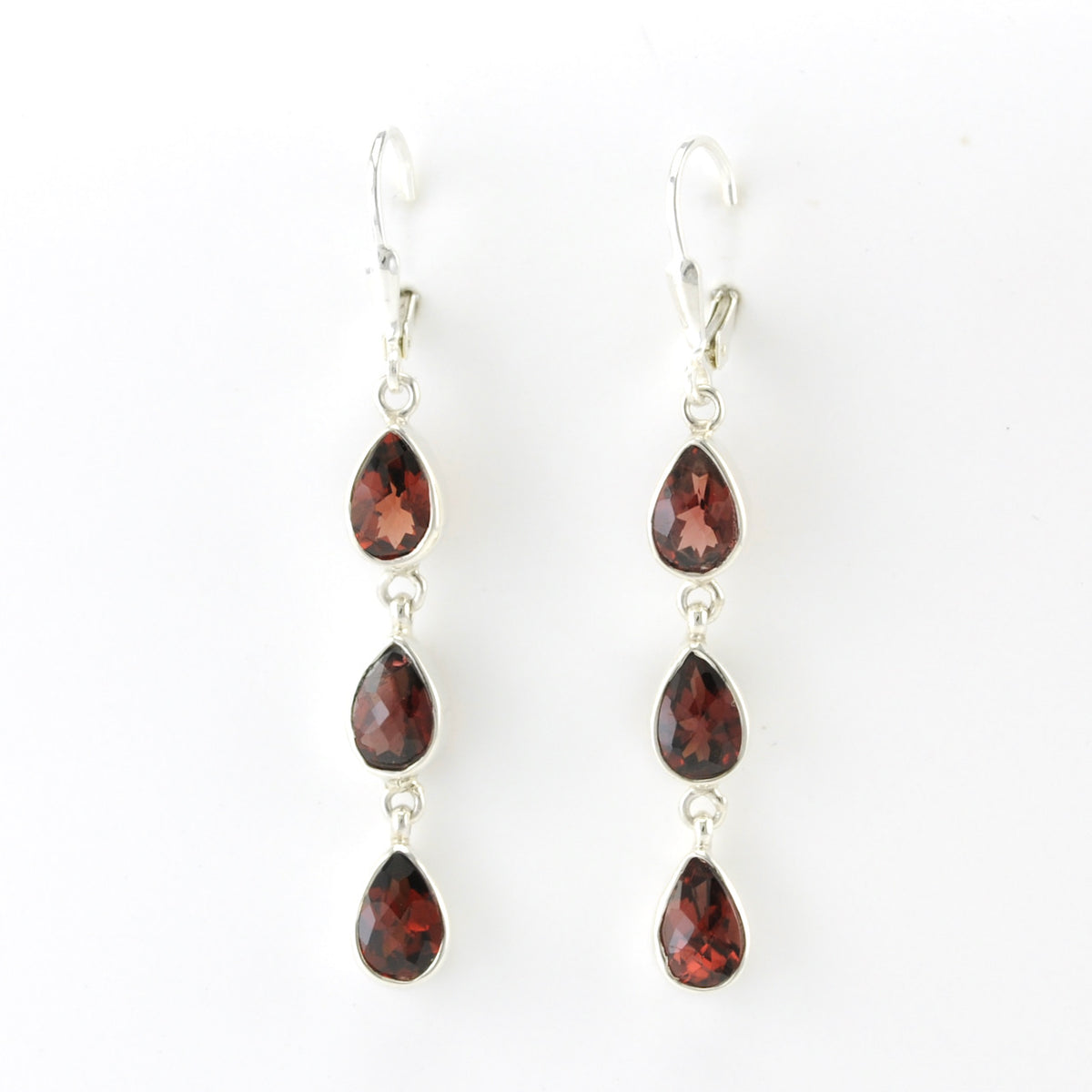 Alt View Silver Garnet 3 Teardrop Dangle Earrings
