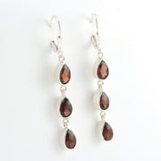 Side View Silver Garnet 3 Teardrop Dangle Earrings