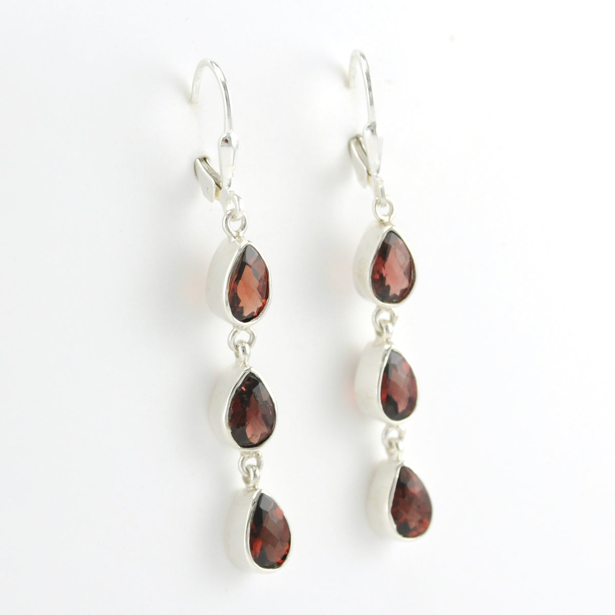 Side View Silver Garnet 3 Teardrop Dangle Earrings