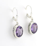 Side View Silver Amethyst 10x12mm Oval Bali Dangle Earrings