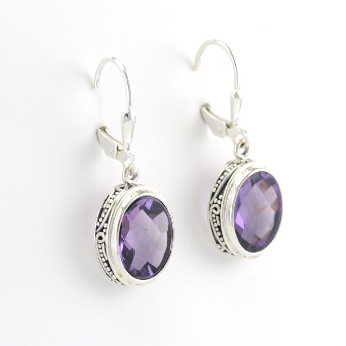 Side View Silver Amethyst 10x12mm Oval Bali Dangle Earrings