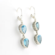 Side View Silver Blue Topaz 2 Tear Bali Dangle Earrings