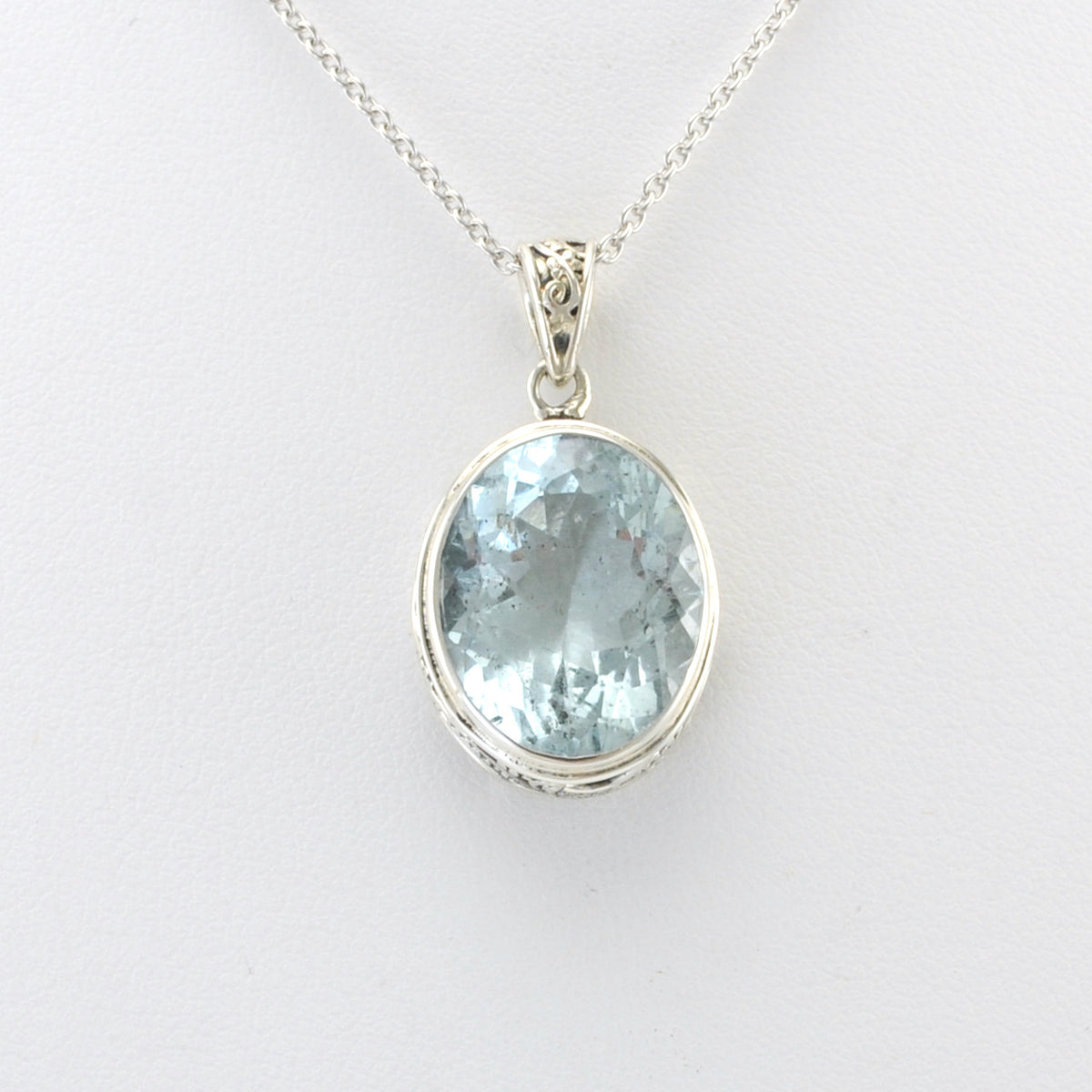 Alt View Silver Aquamarine 12x26mm Oval Bali Pendant