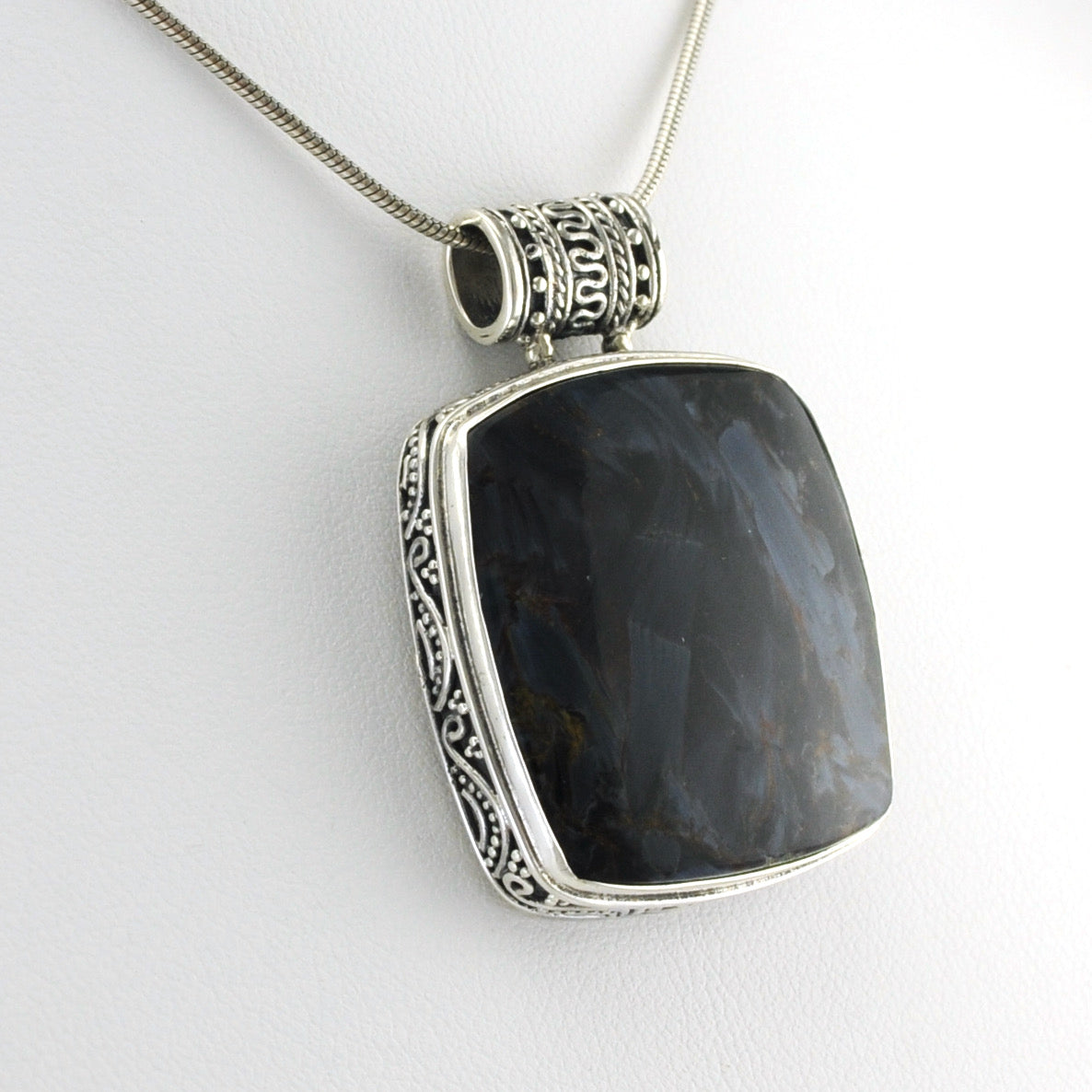 Side View Silver Pietersite 26mm Square Bali Pendant