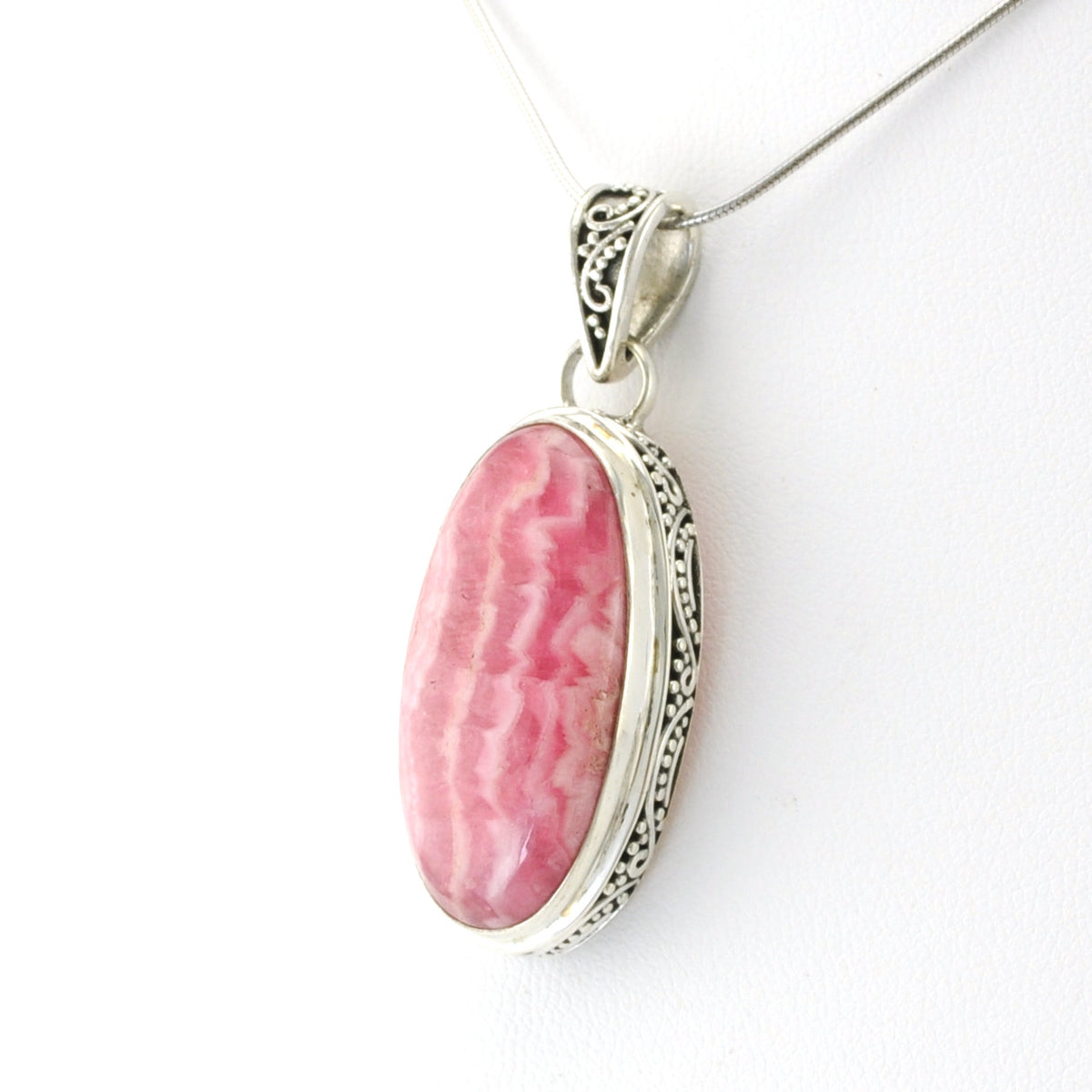 Silver Rhodochrosite 14x28mm Oval Bali Pendant