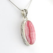 Side View Silver Rhodochrosite 14x28mm Oval Bali Pendant