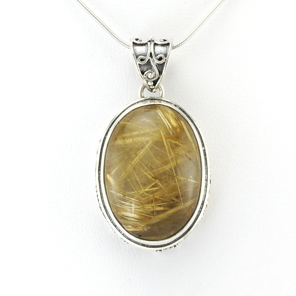 Alt View Silver Rutilated Quartz 18x26mm Oval Bali Pendant