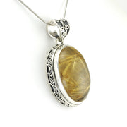 Side View Silver Rutilated Quartz 18x26mm Oval Bali Pendant