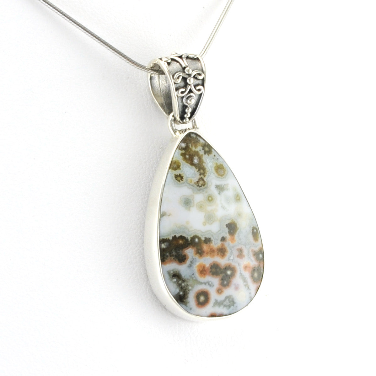 Side View Silver Ocean Jasper Tear Pendant