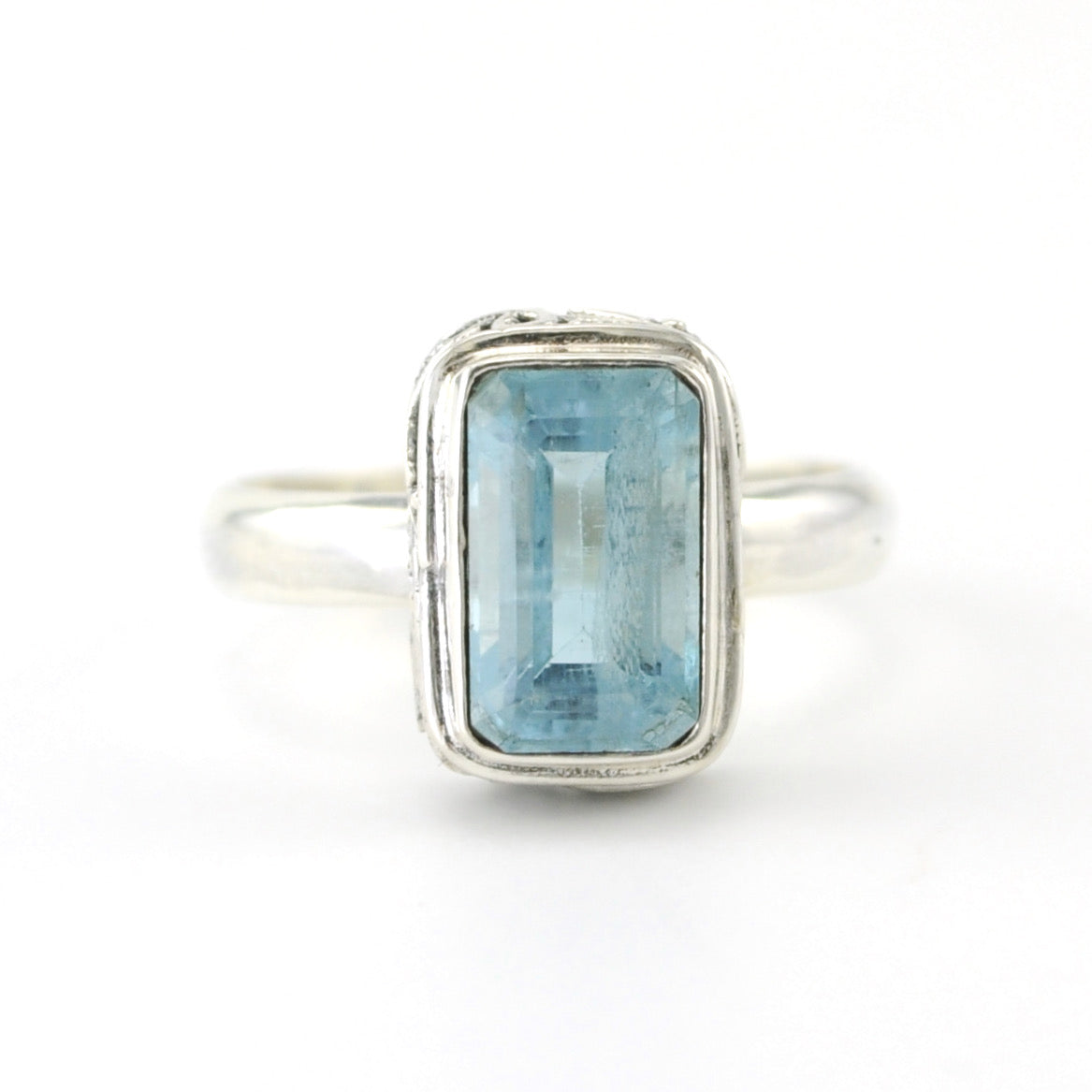 Alt View Silver Aquamarine Rectangle Bali Ring 