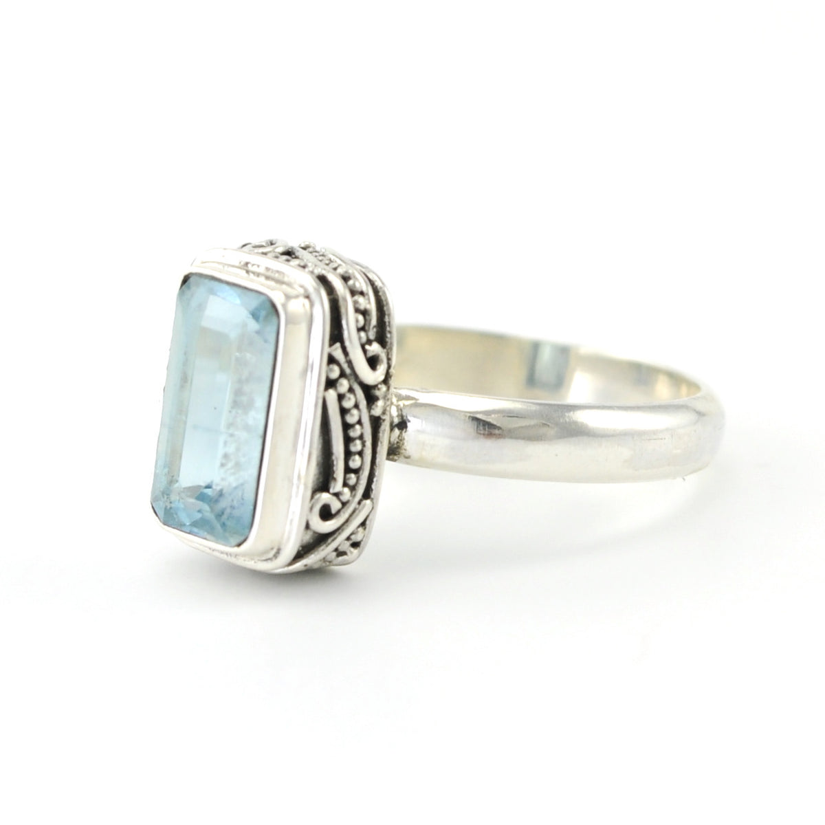 Silver Aquamarine Rectangle Bali Ring 