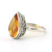Silver Citrine 12x20mm Tear Bali Ring