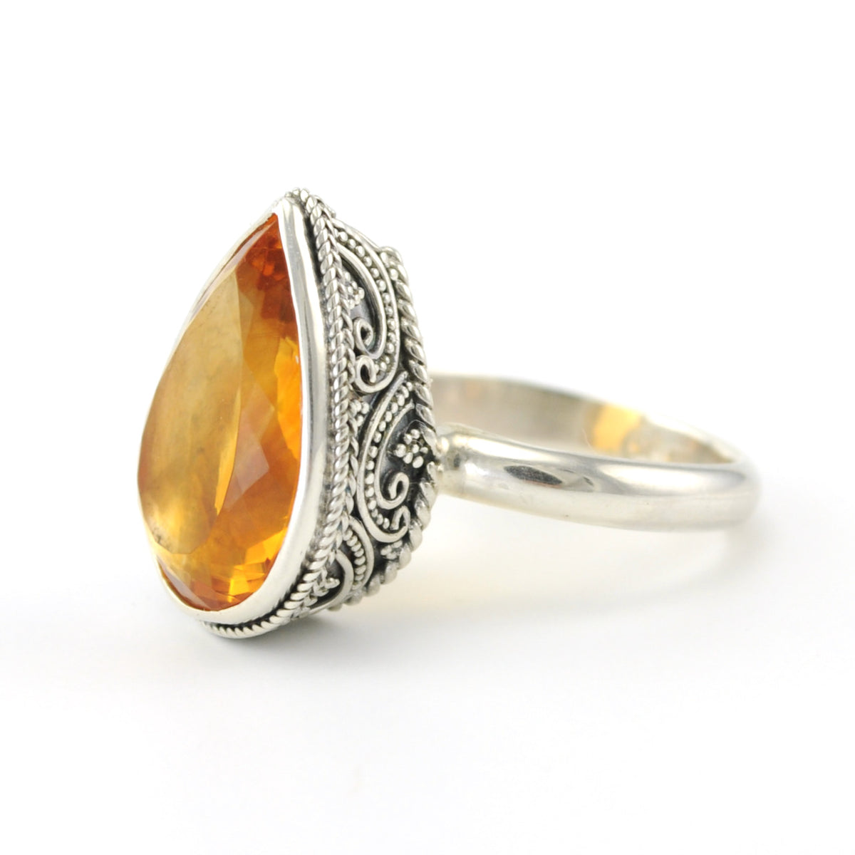 Silver Citrine 12x20mm Tear Bali Ring