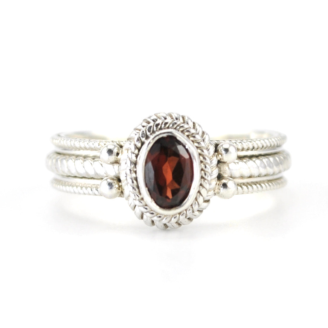 Silver Garnet 4x6mm Oval Rope Band