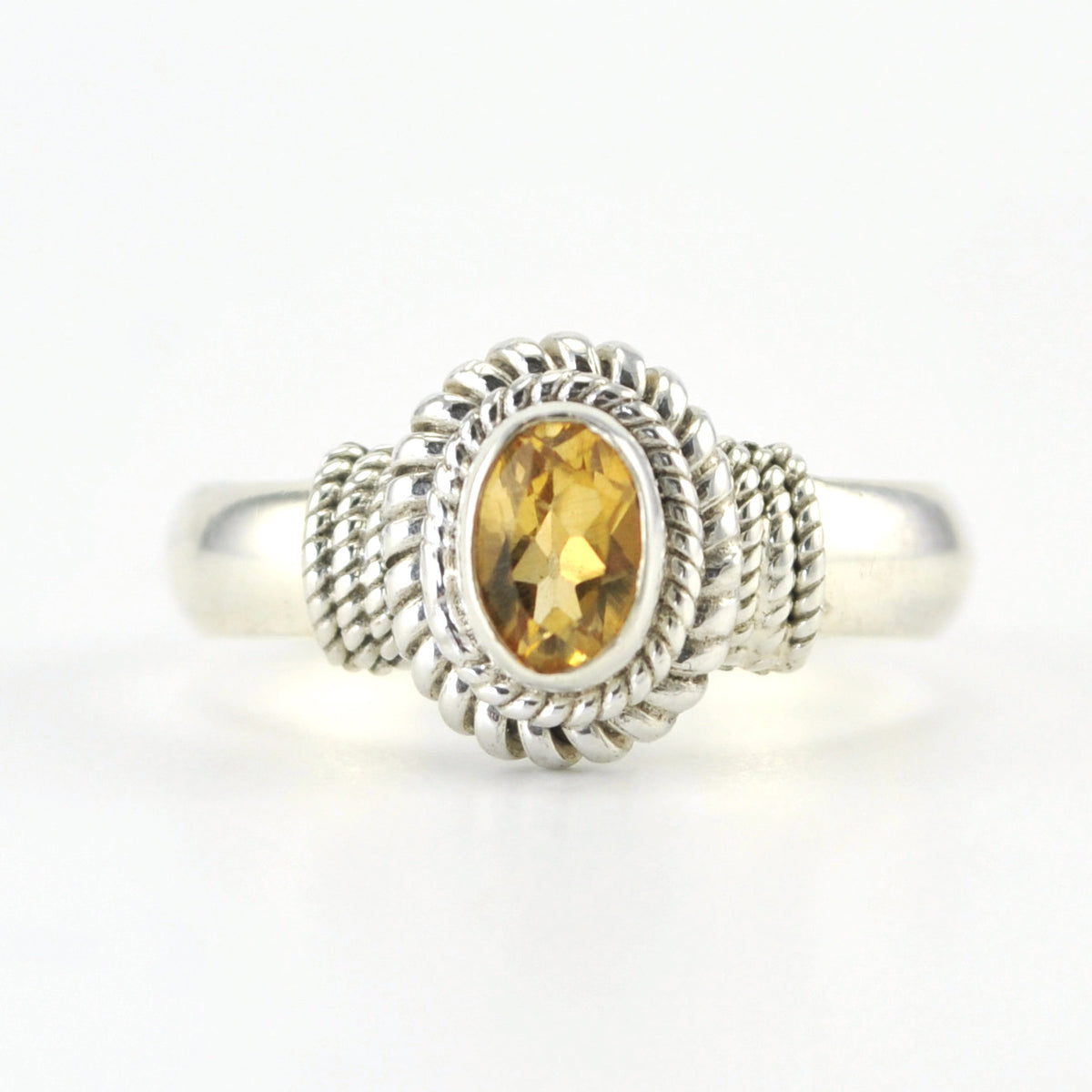 Silver Citrine 4x6mm Oval Rope Ring