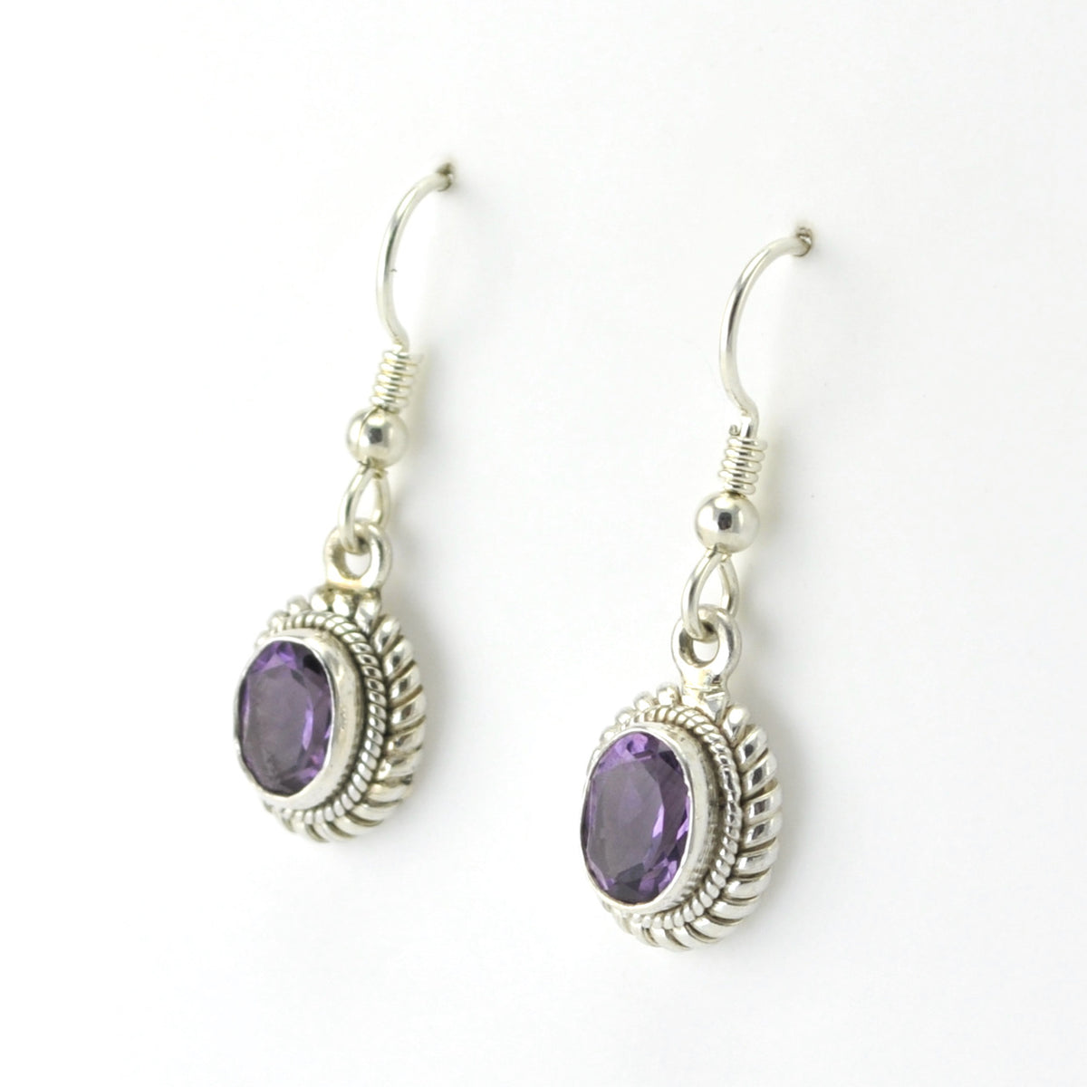 side View Silver Amethyst 6x8mm Oval Dangle Earrings