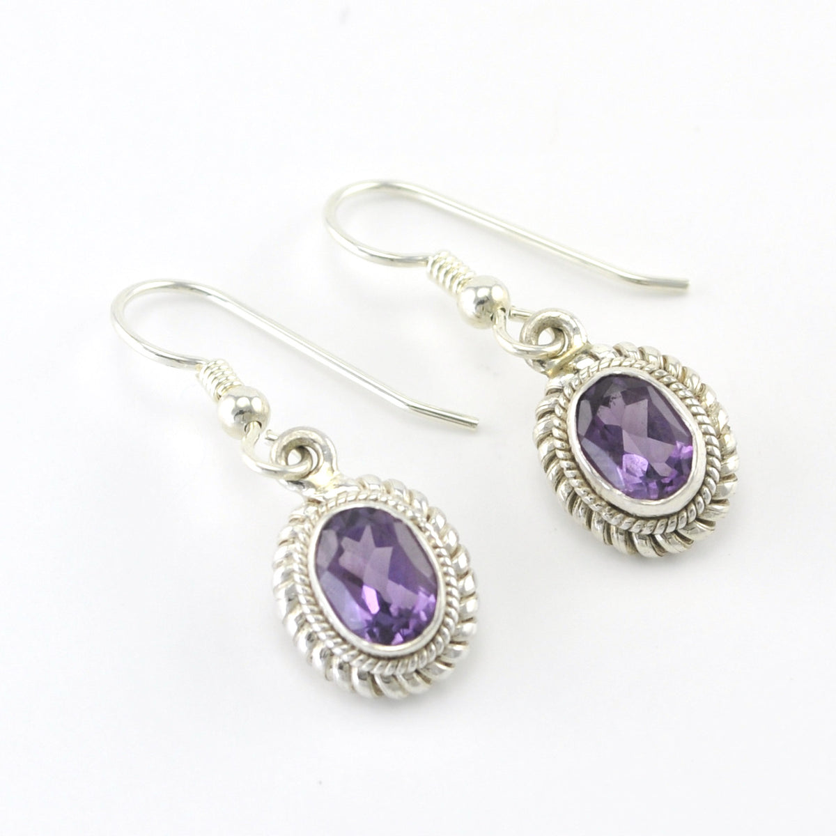 Silver Amethyst 6x8mm Oval Dangle Earrings