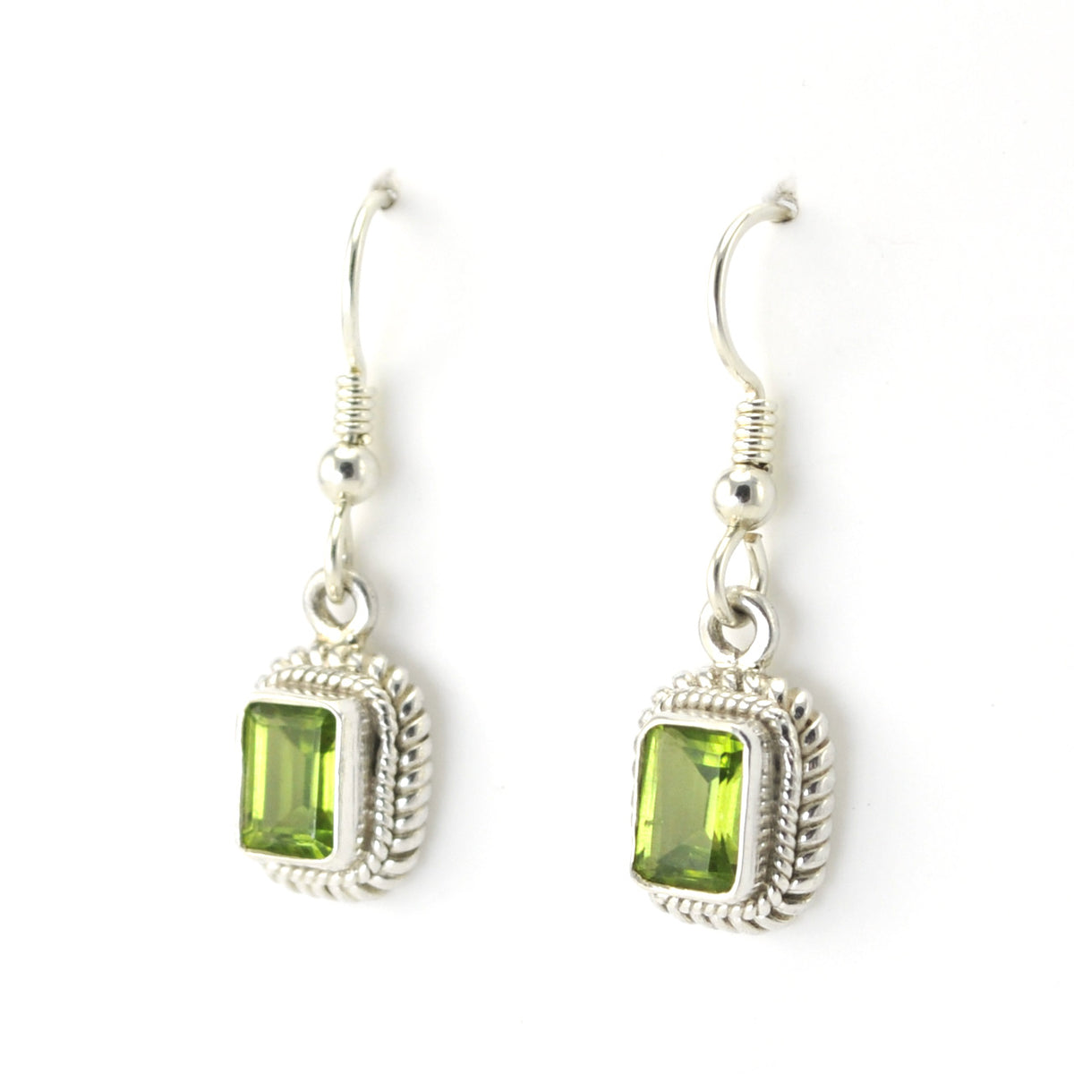 Side View Silver Peridot 5x7mm Rectangle Dangle Earrings