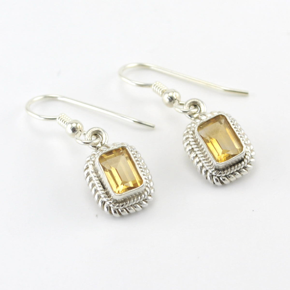 Silver Citrine 5x7mm Rectangle Dangle Earrings