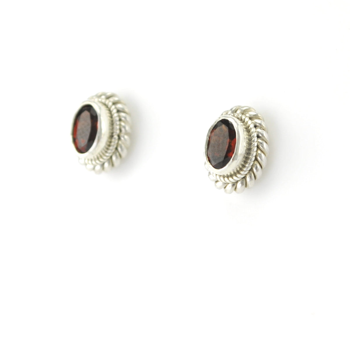 Side View Silver Garnet 4x6mm Oval Post Earrings
