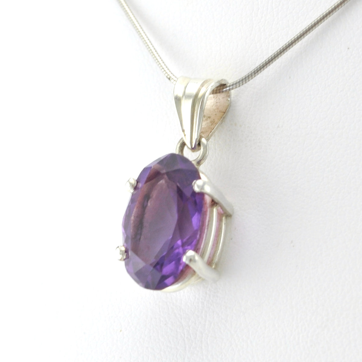 Side View Silver Amethyst 12x16mm Oval Prong Set Pendant