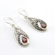 Side View Silver Garnet Tear Bali Dangle Earrings