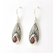 Silver Garnet Tear Bali Dangle Earrings