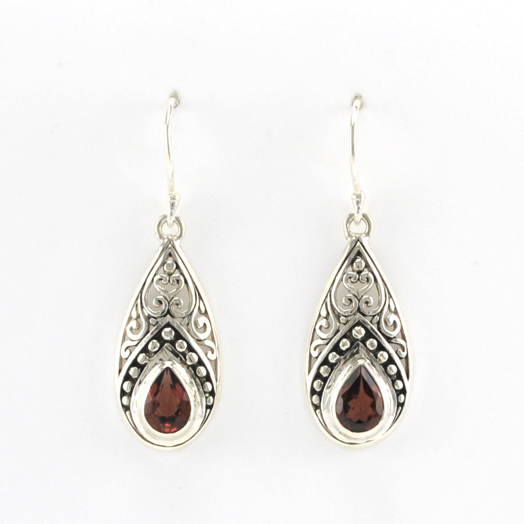 Alt View Silver Garnet Tear Bali Dangle Earrings