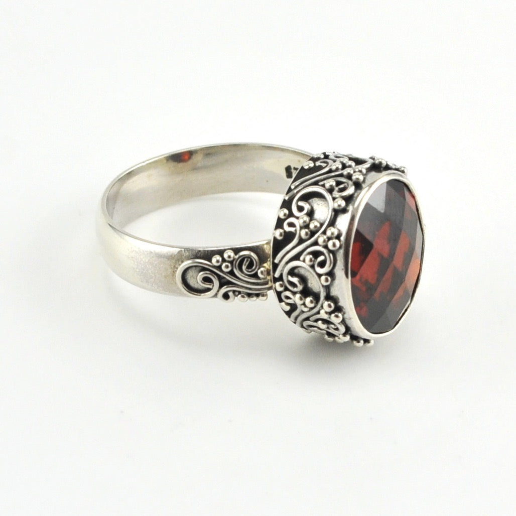 Side View Sterling Silver Garnet Oval Ring