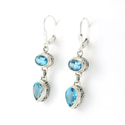 Silver Blue Topaz Oval Pear Bali Dangle Earrings