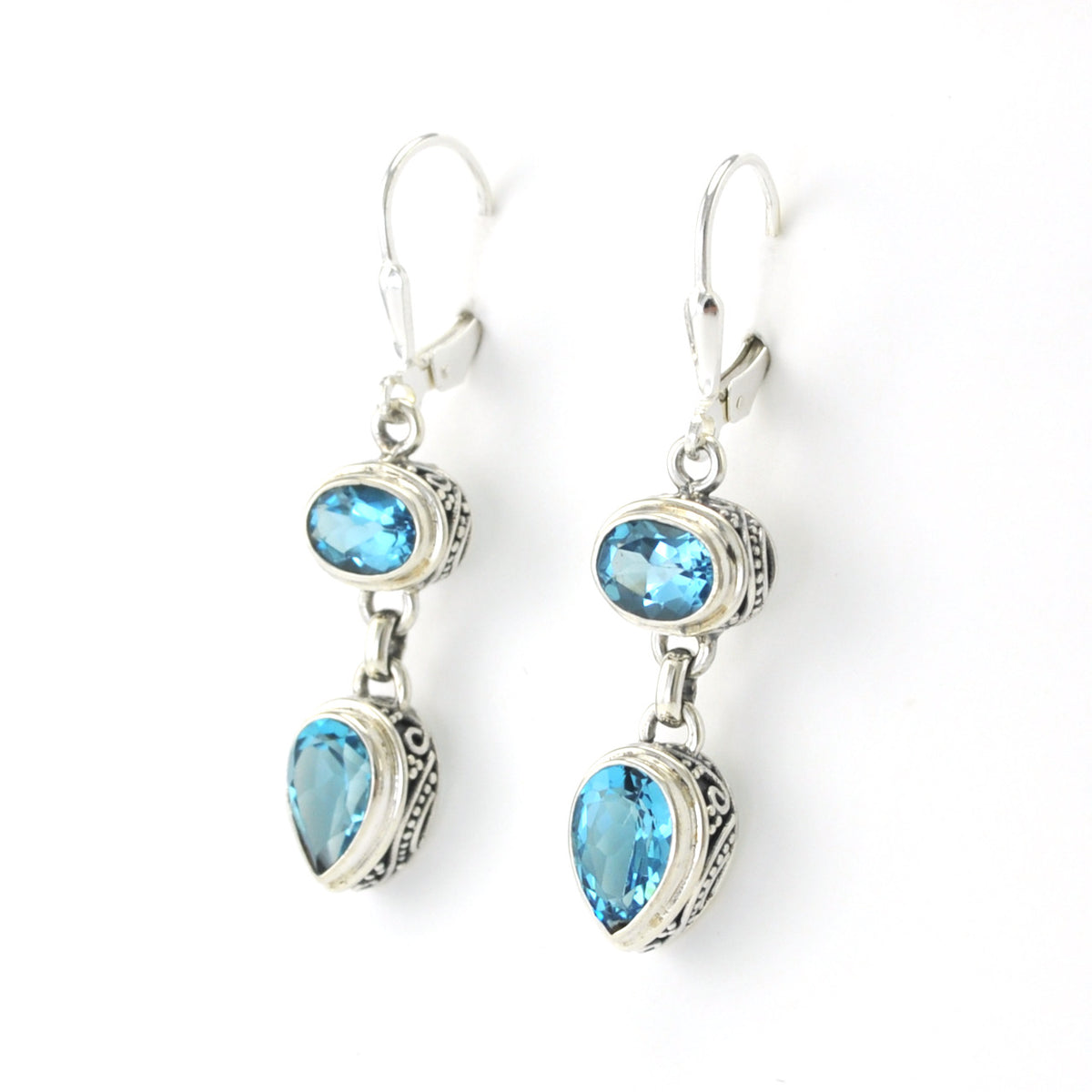 Silver Blue Topaz Oval Pear Bali Dangle Earrings