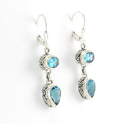 Side View Silver Blue Topaz Oval Pear Bali Dangle Earrings