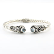 Sterling Silver Blue Topaz Round Bali Hinged Cuff Bracelet