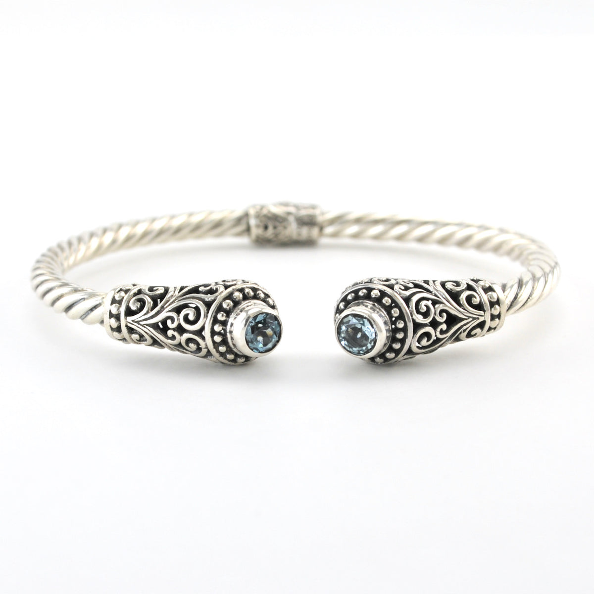 Sterling Silver Blue Topaz Round Bali Hinged Cuff Bracelet