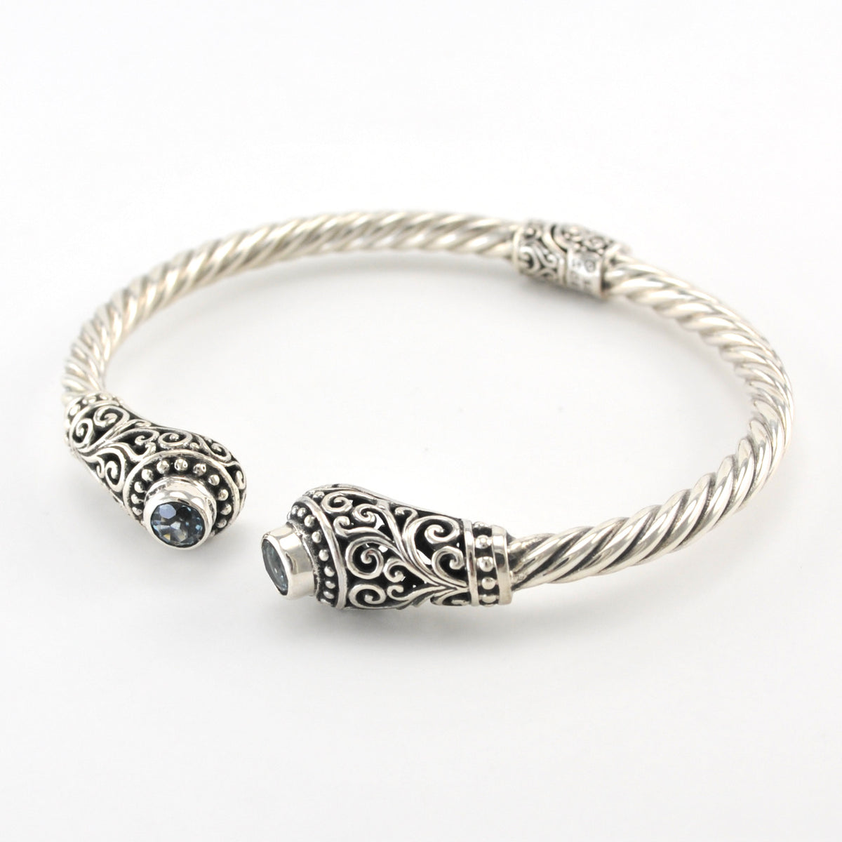 Side View Sterling Silver Blue Topaz Round Bali Hinged Cuff Bracelet