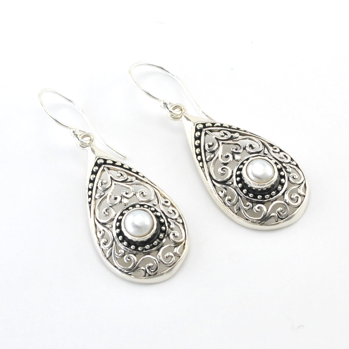 Silver Pearl Tear Bali Earrings