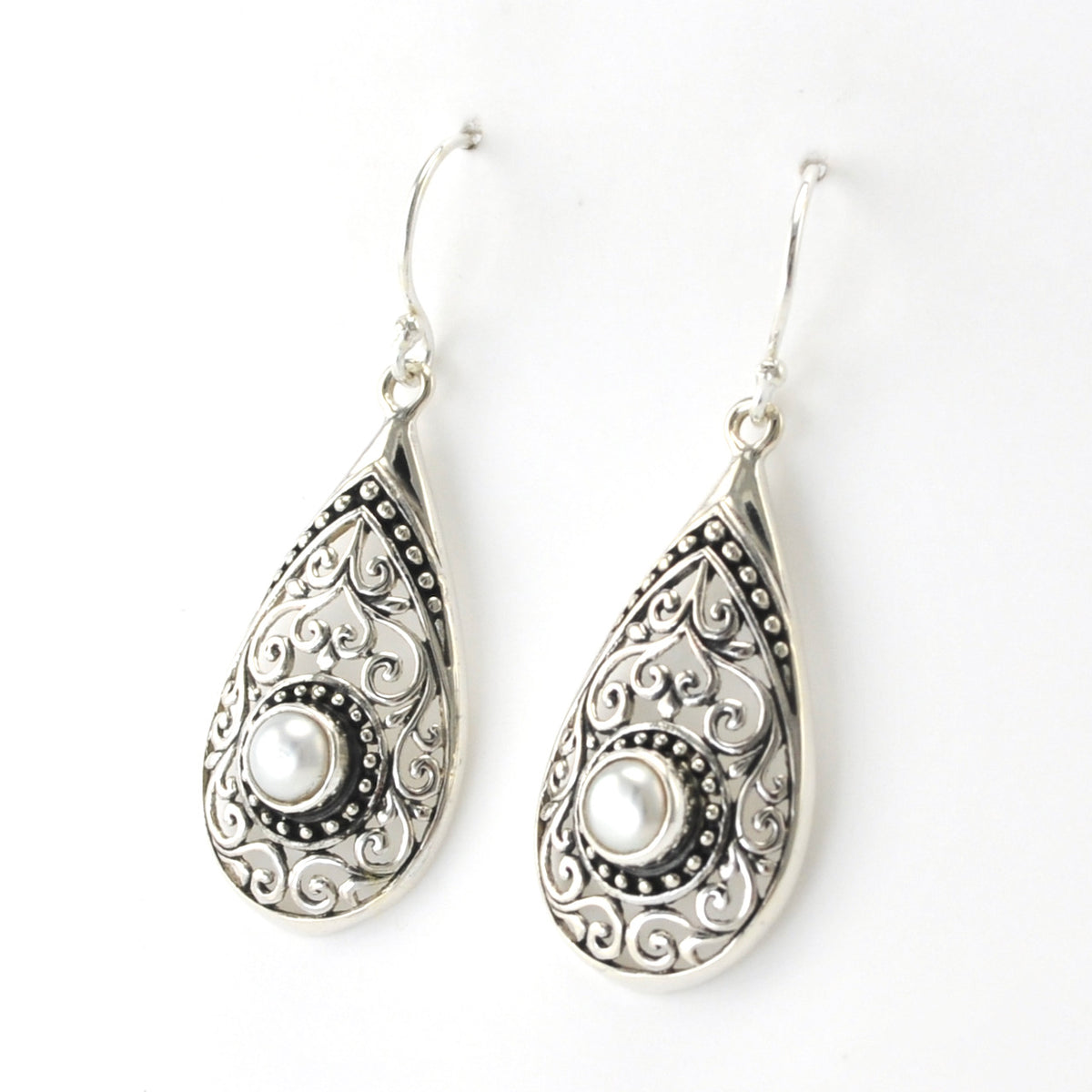 Side View Silver Pearl Tear Bali Earrings