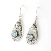 Side View Silver Blue Topaz Tear Bali Earrings