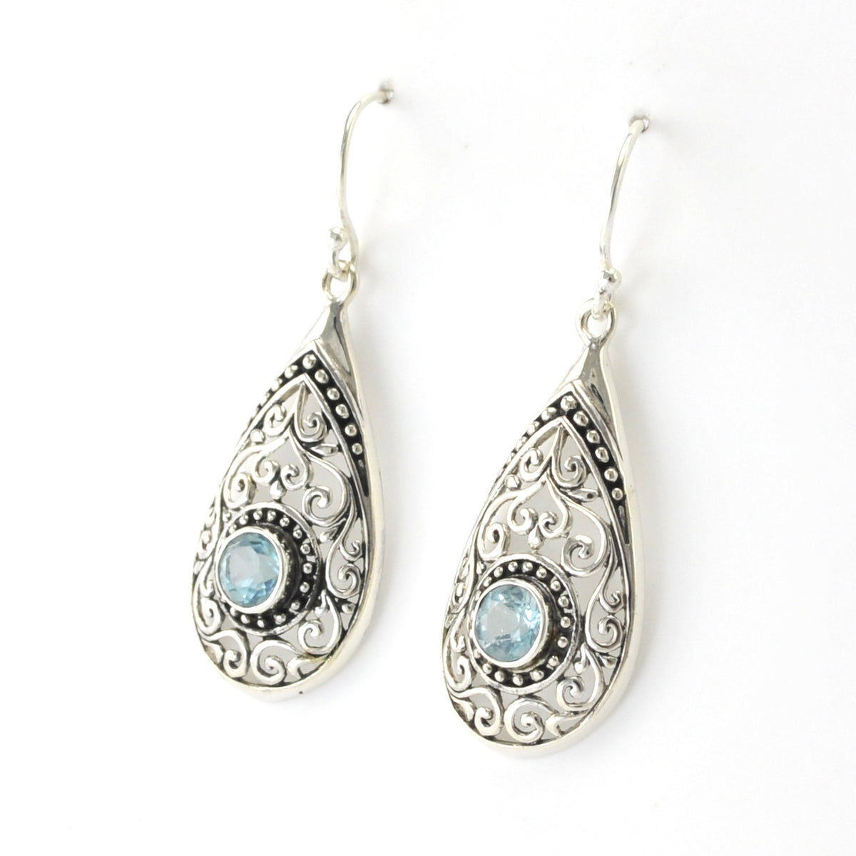 Side View Silver Blue Topaz Tear Bali Earrings