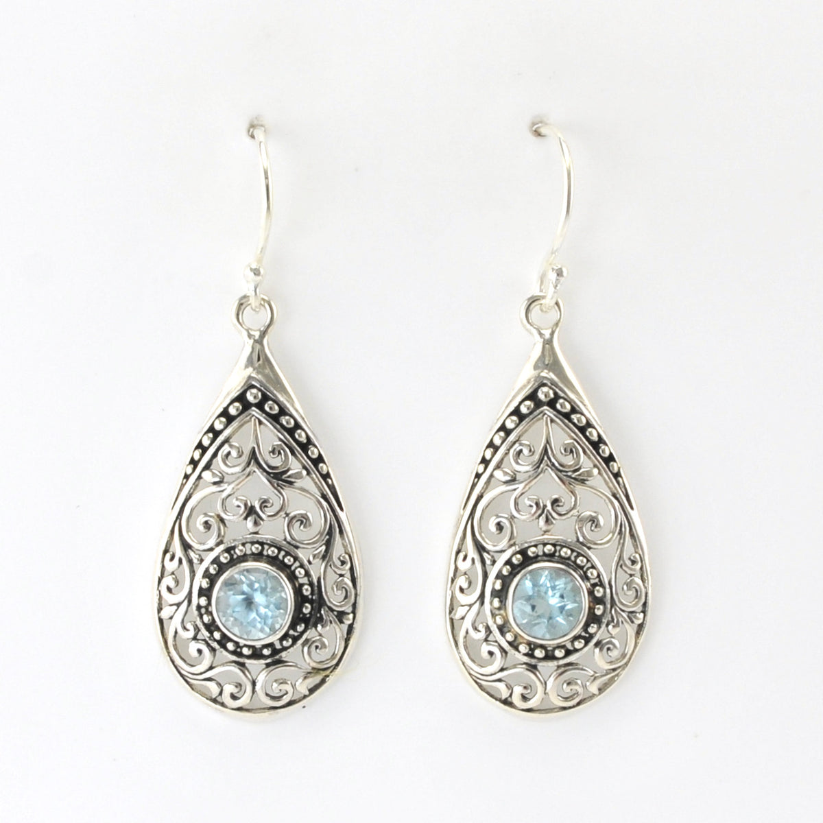 Alt View Silver Blue Topaz Tear Bali Earrings