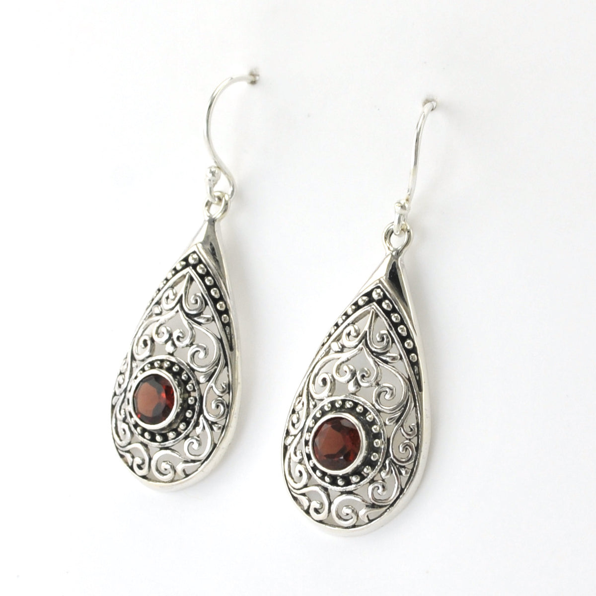 Side View Sterling Silver Garnet Tear Bali Earrings