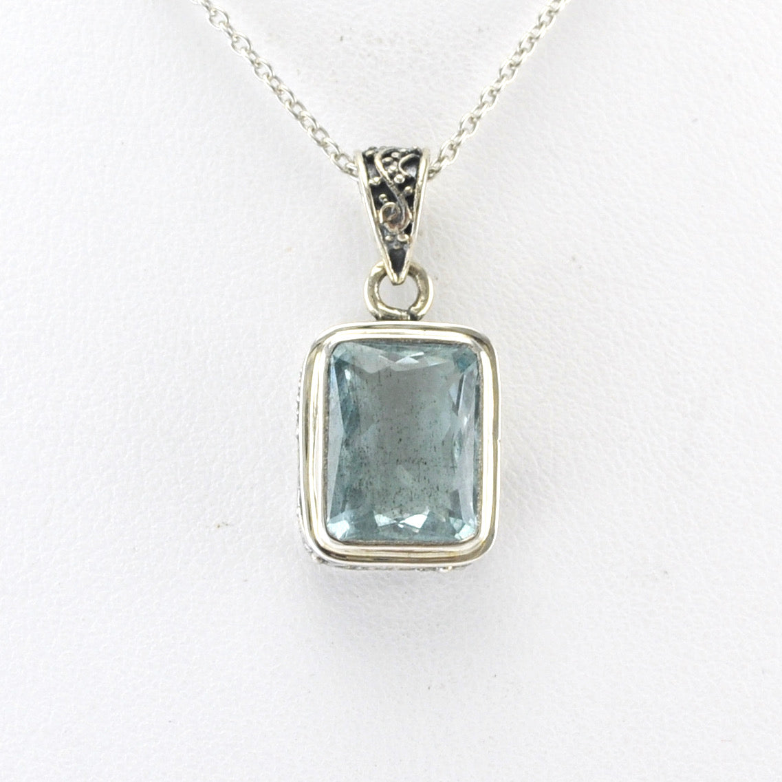 Alt View Silver Aquamarine 8x10mm Rect Bali Necklace