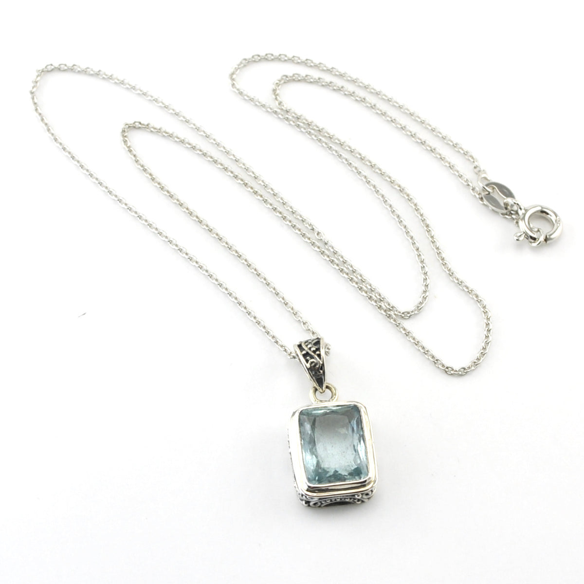 Silver Aquamarine 8x10mm Rect Bali Necklace