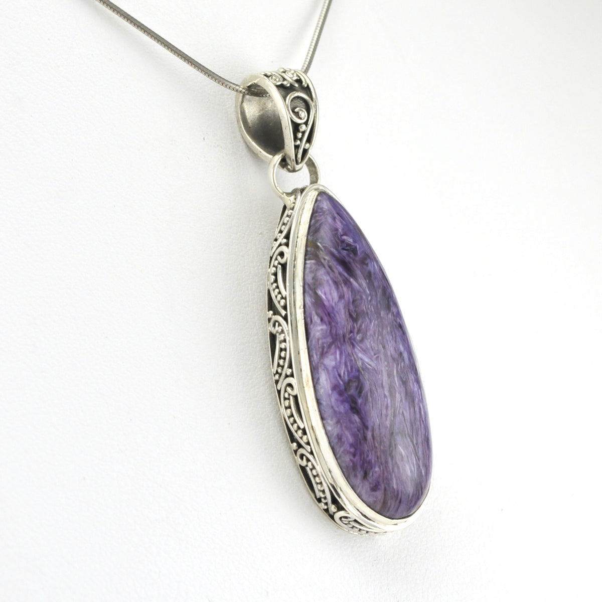Side View Silver Chariote 13x35mm Tear Pendant