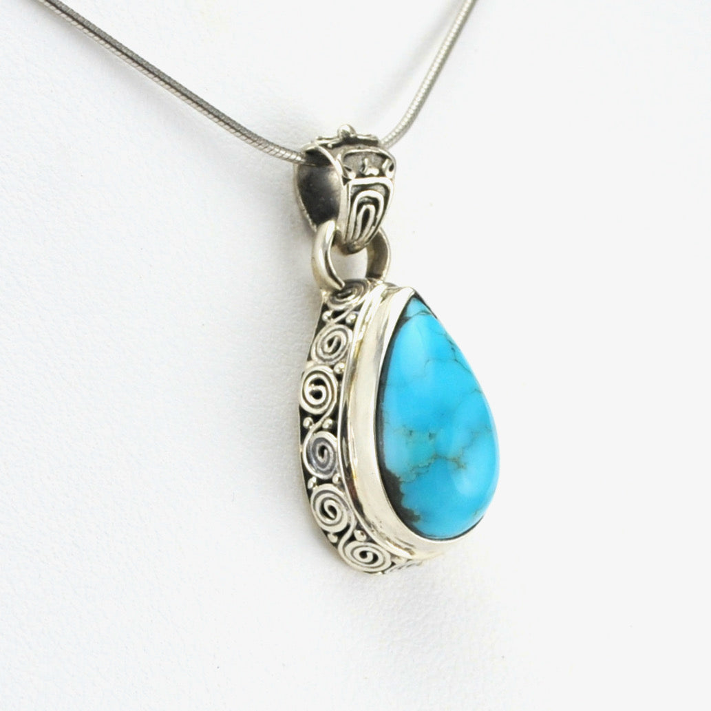 Side View Silver Arizona Turquoise 8x16mm Tear Bali Pendant