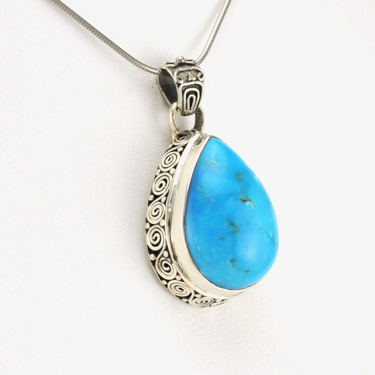 Side View Silver Arizona Turquoise 16x22mm Tear Bali Pendant