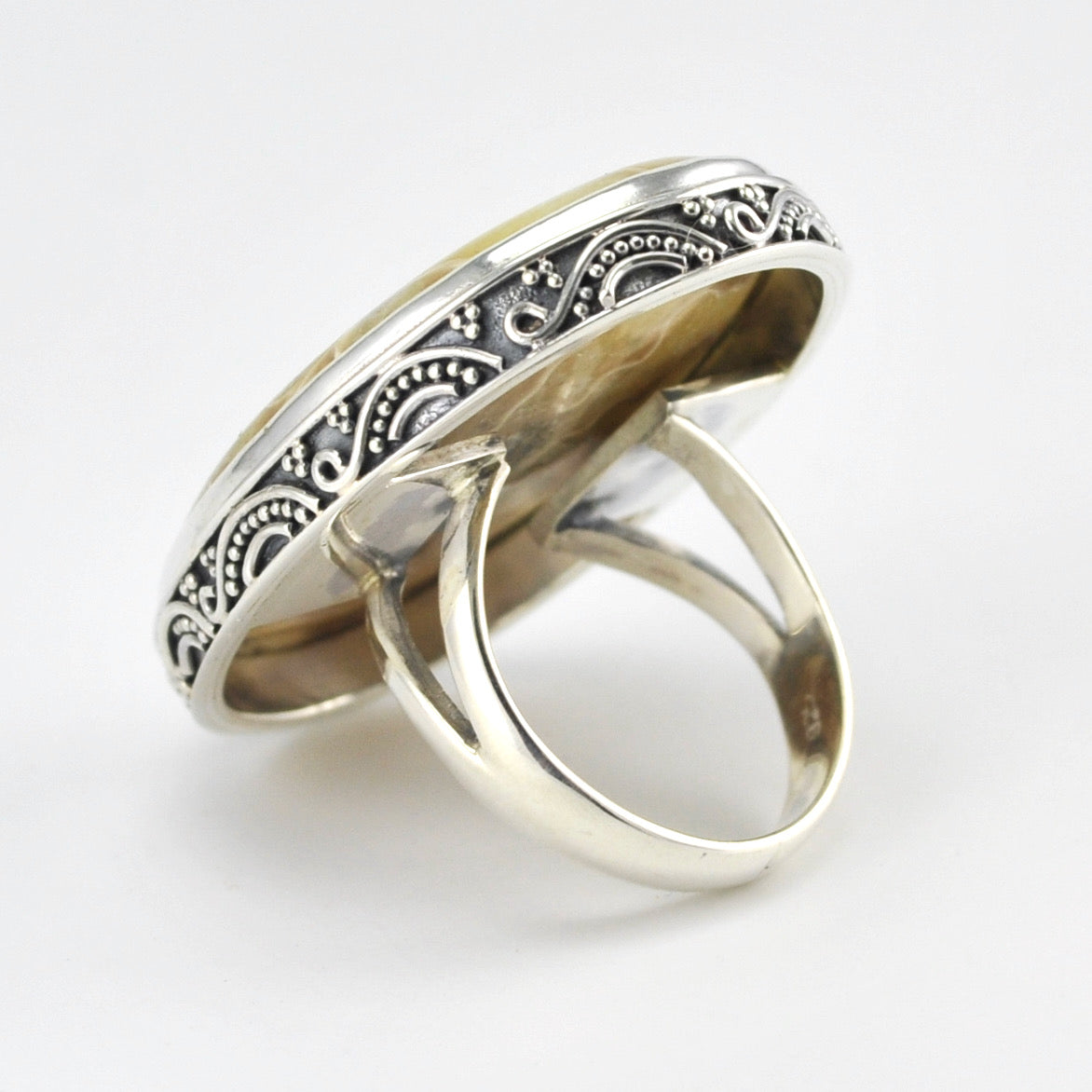 Side View Sterling Silver Ammonite Oval Bali Ring