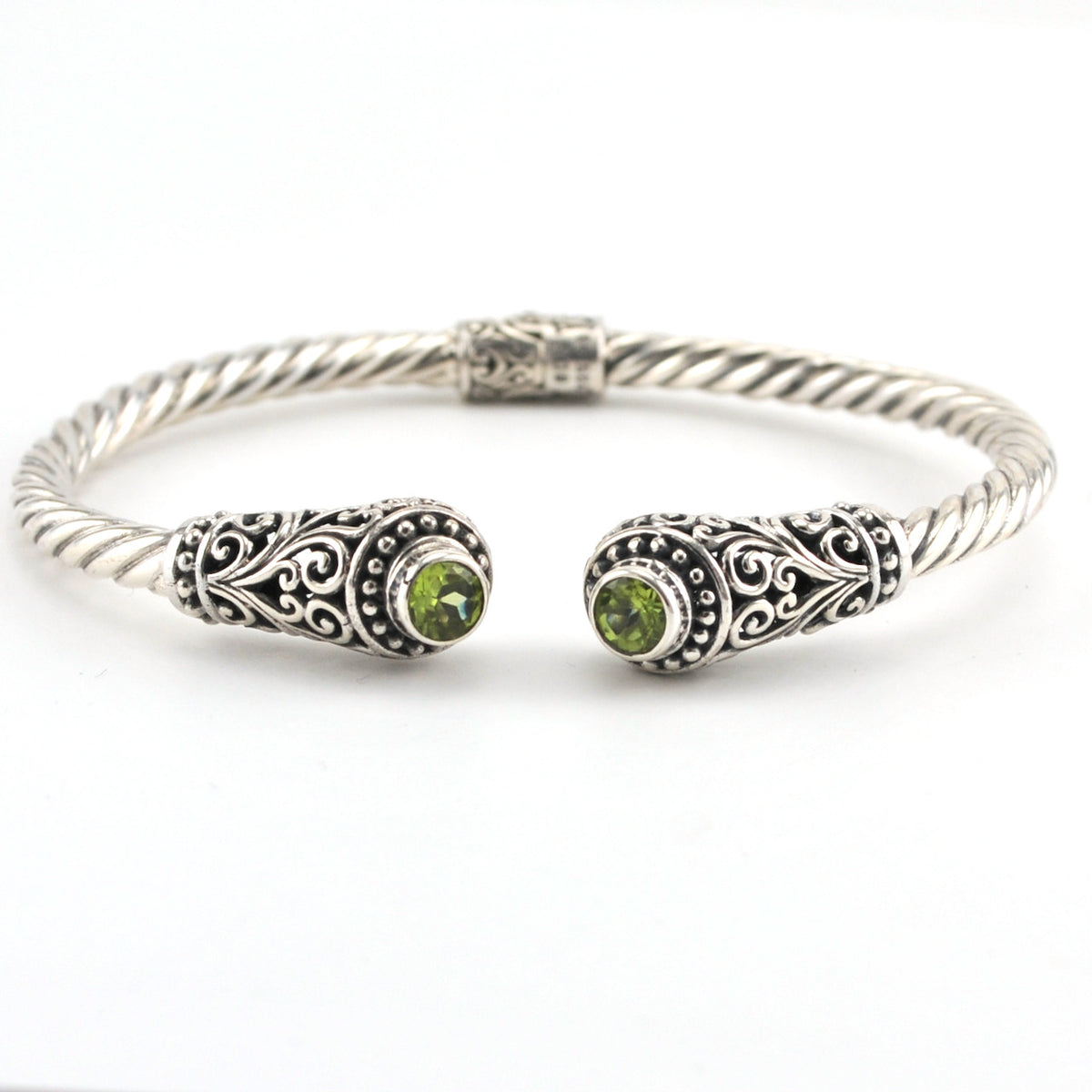 Sterling Silver Peridot Round Hinged Cuff Bracelet