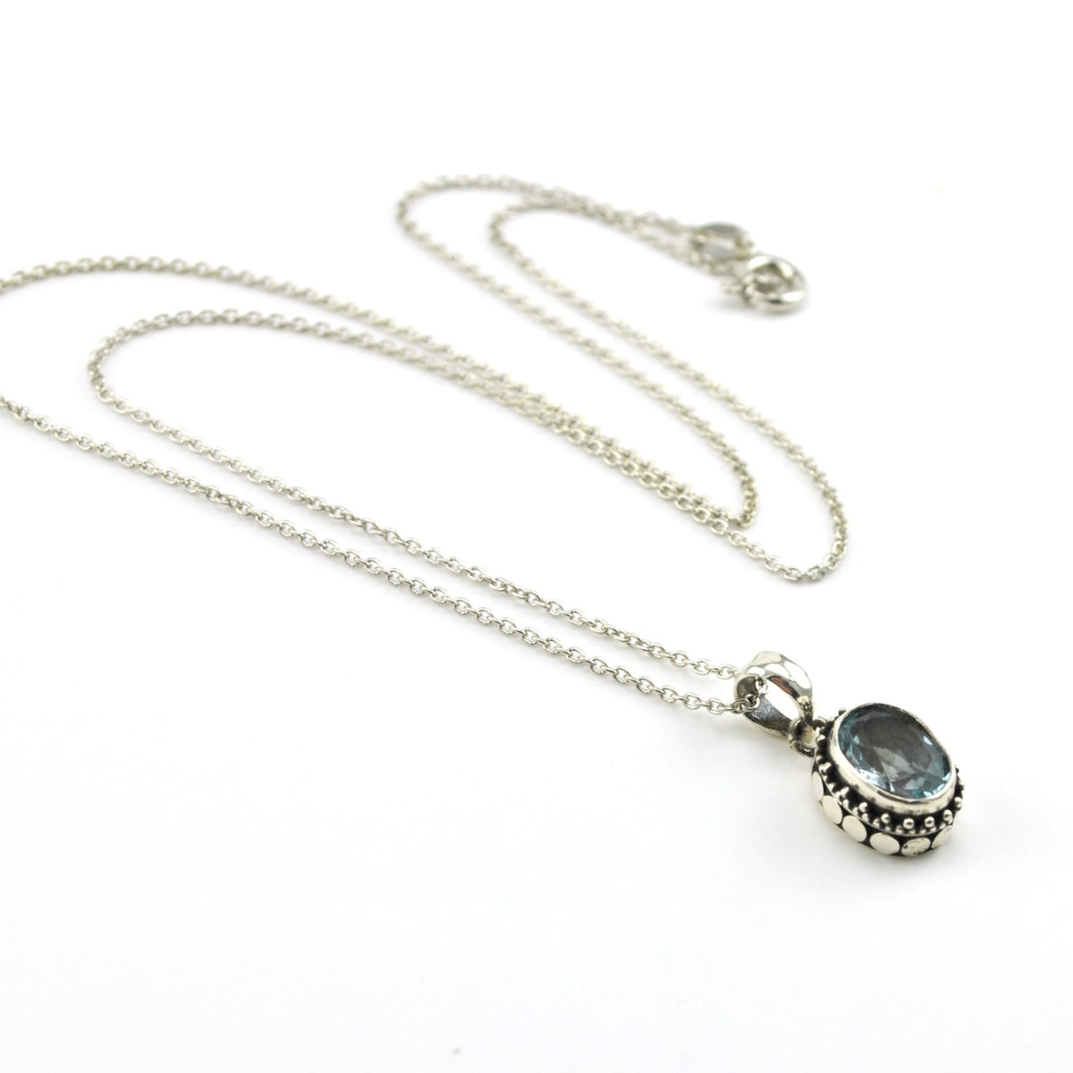 Sterling Silver Blue Topaz Oval Bali Necklace